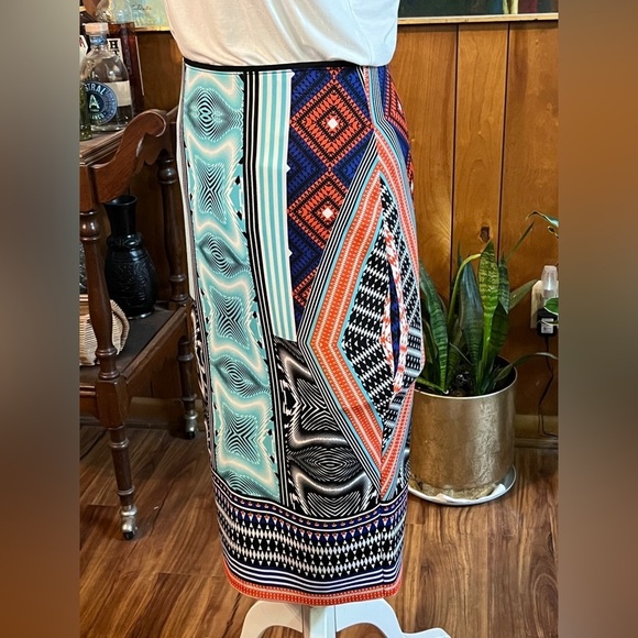 🛍️BISOU BISOU Black, teal multi graphic stretchy pencil skirt size M. - Picture 4 of 9